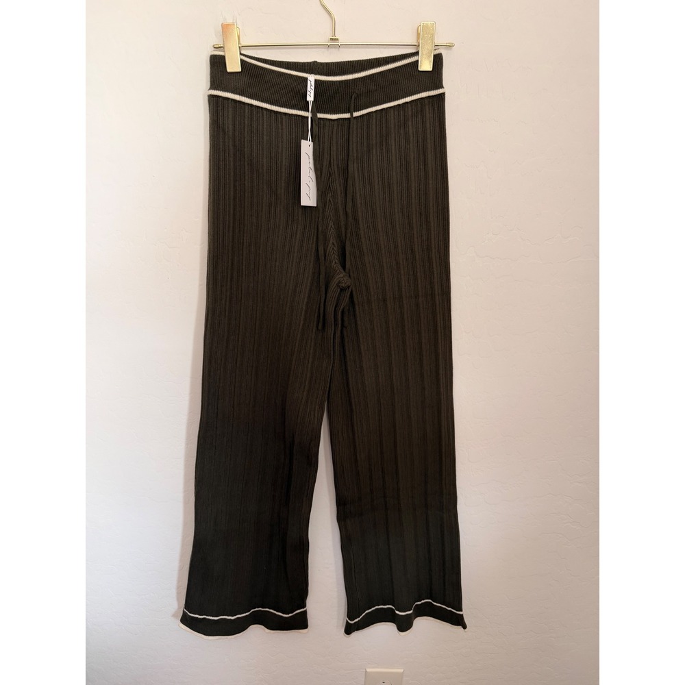 Petal + Pup Womens Olive Green Ribbed Knit Wide Leg Pants Contrast Trim Sz M NWT